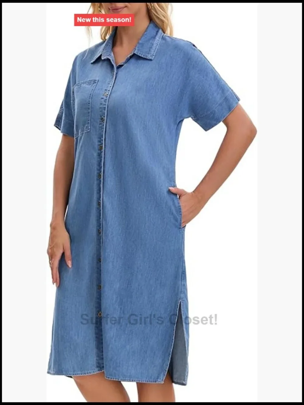 Midi Denim Dress Tunic Short Sleeve Button Down Loose Fit H-Line Chest Pocket